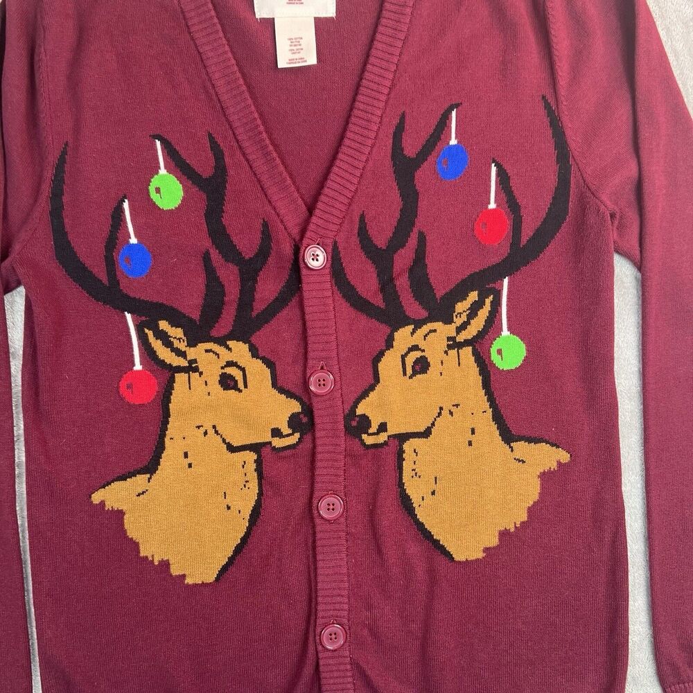 Mossimo Sweater Adult Small Burgundy Reindeer Novelty Ugly Christmas Cardigan - Picture 3 of 5